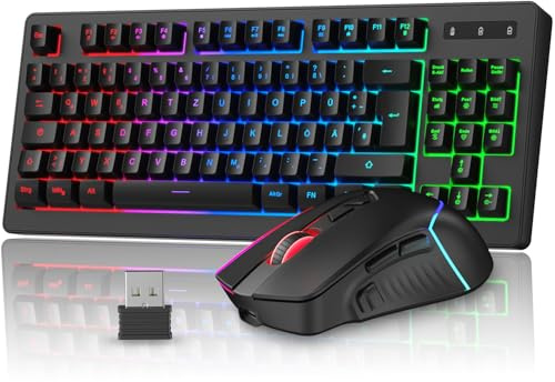 Rewurnth Kabellose Gaming Tastatur und Maus Set, DE Layout QWERTZ 75% TKL RGB Beleuchtet, Wiederaufladbare Ergonomische Gaming Maus, Kompaktes Keyboard für PC, Mac, Xbox,PS5