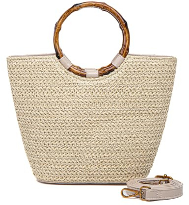 Small Resin Bamboo Handle Straw Tote Bag Summer Beach Purse For Women Vacation Top Handle Handbags (Beige)