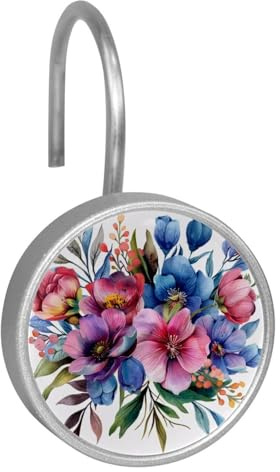 12 ganci rotondi decorativi per tenda da doccia, bouquet di fiori ad acquerello e antiruggine, anelli per tende da bagno per aste da doccia e fodera