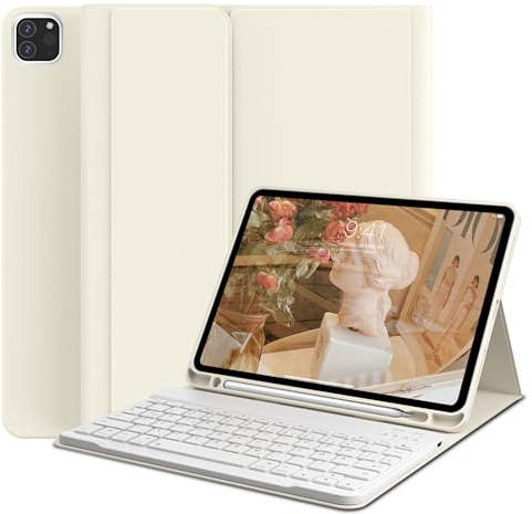 GKABXY Hülle mit Tastatur für iPad Pro 11 4. / 3. / 2. Generation 2022/2021/2020 mit stifthalter, Magnetische Abnehmbare Bluetooth-Tastatur, QWERTZ Layout, für iPad Pro 11 Zoll, Cremeweiß