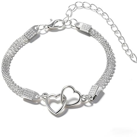 JOOTUEPO Fußkettchen mit Doppelherz –Silberfarbener, wasserdichter Diamant-Strass für Damen,Trendy Zierliche wasserdichte Fußkettchen Verstellbares Stapelbare fußkettchen Set Silber Strand FußSchmuck