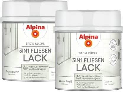 Alpina Bad & Küche 3in1 Fliesenlack Weiß 0,5 Liter im 2er-Pack – Weißer Speziallack – langlebige Fliesenbeschichtung für Küche & Bad – strapazierfähig & feuchtigkeitsbeständig – insgesamt 1 Liter