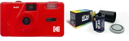 KODAK M35 DA00239 - Fotocamera Ricaricabile 35mm, Obiettivo Grandangolare Fisso, Mirino Ottico, Flash Integrato, Batteria AAA – Rosso + GT PHOTO Pellicola Colore Retrò 35mm - 24 Foto