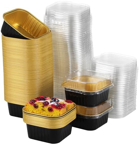 100Pcs 10oz Mini Cake Pans with Lids, Square Aluminum Foil Baking Containers with Black and Gold Design, Transparent Plastic Lids, Ideal for Tiramisu, Desserts, and Small Cakes