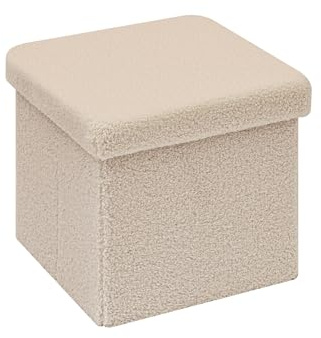 Bonlife Small Folding Storage Ottoman, Foot Rest Stool Seat Sherpa Ottoman with Storage for Bedroom,Living Room,Beige,32X32X32cm