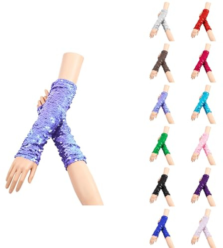 Pailletten Handschuhe Damen für Karneval, Halloween & Partys: Lange glitzernde fingerlose Tanzhandschuhe mit Pailletten-Manschetten. Weich, elastisch und glänzend für Bühnenauftritte, Maskeraden,