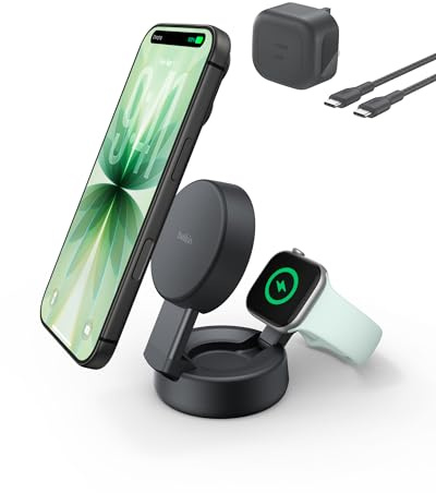 Belkin UltraCharge Pro 2 in 1 Qi2 Wireless Charging Station, 25W - Black | Convertible, Qi2.2-Certified MagSafe Compatible Magnetic Wireless Charger for iPhone, Apple Watch, Earbuds, 45W Plug Included