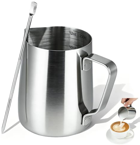 Mokarya 350ml Milk frother jug - Milk jug for Coffee Machine and Coffee Milk jug with Stainless Steel Frothing Pen, 2-Piece Set