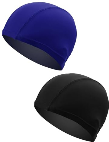 CATZUM Cuffia Piscina 2 Pezzi – Unisex, per Adulti e Capelli Lunghi, in Tessuto Elastico, Nero & Blu Set. Protezione Confortevole.