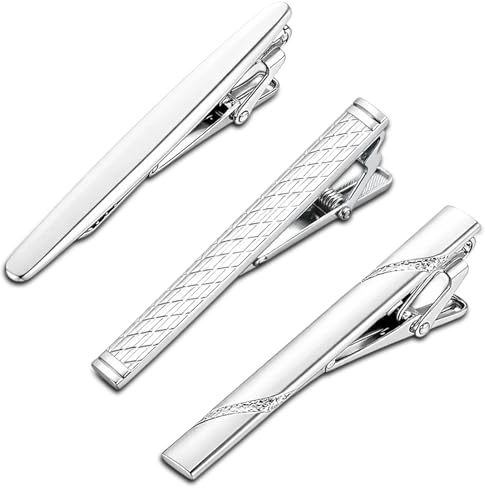 Krawattenklammern für Herren 3er-Set, Silberfarbene Krawattennadel Silber mit 3 Mustern, Glatt, Strukturiert und mit Zierlinie, Metall Tie Clip für Business, Hochzeit und Formelle Anlässe
