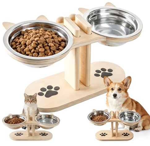 IONEKIUK Raised Dog Bowl with Stand, 2-Level Adjustable Dog Feeding Station | 2 Stainless Steel Bowls, Elevated Dog Bowls for Small Dogs Cats Rabbits and Other Pets