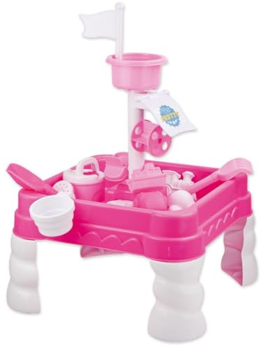 Quickdraw Kids Sand and Water Table with Water Mill – 16 Piece Accessories Pink Outdoor Sensory Play Table for Toddlers Boys Girls 3+ Garden Sandpit Water Activity Toy 58cm