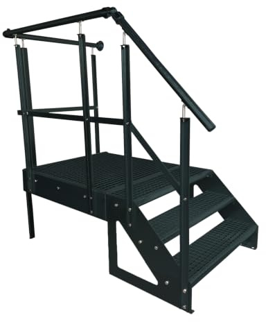 Podesttrappa ståltrappa 3 steg fristående höjd 57 cm inklusive piedestal 100 x 100 cm med räcke komplett i antracit RAL 7016/orientering trappor höger/utomhustrappa