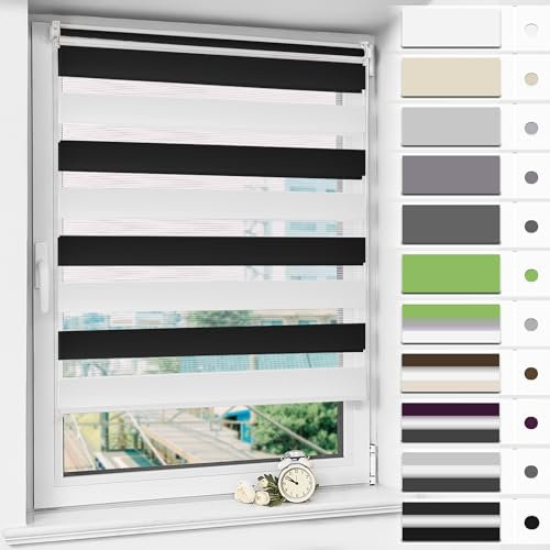 Magiea Doppelrollo Klemmfix ohne Bohren & mit Bohren, Schwarz-weiß B100 x H120 cm Stoffbreite 96 cm, Klemmrollo lichtdurchlässig und Blickdicht, Fensterrollo Sonnenschutzrollo für Fenster