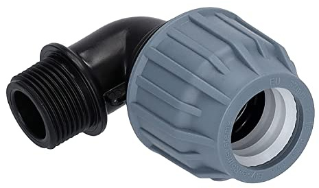 STEMAX-Wassertechnik: PP-Klemmverbinder, Winkel 90° klemm x AG, PN16, Trinkwasserzertifiziert, DVGW, Größe: 20mm x ½“
