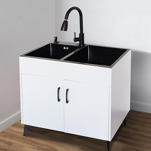 WBJGUOD Évier Utilitaire Commercial avec Meuble pour Usage extérieur/intérieur - Ensemble autoportant pour Cuisine de Restaurant, Garage, buanderie