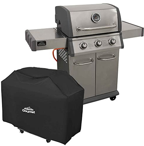 Dellonda 3 Burner Deluxe Gas BBQ Grill with Piezo Ignition and Water-Resistant Oxford Style Cover, Stainless Steel - DG230