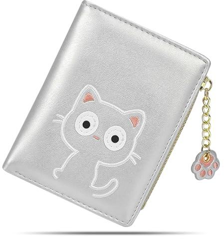 conisy Süß Geldbörse Damen Klein, Dünn Bifold Leder Portemonnaie Damen mit RFID Schutz, Geldbeutel Mädchen mit Reißverschluss Münzfach (Silber)