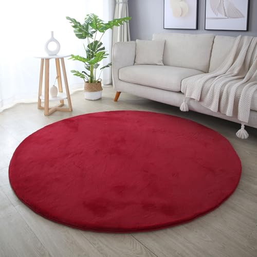 Carpetsale24 Rabbit Hochflor Teppich Rund 120 cm Rot Shaggy Modern Flauschig Weich Fellteppich Kunstfell Einfarbig für Schlafzimmer Wohnzimmer Kinderzimmer