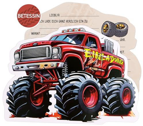 BETESSIN 12x Einladungskarten Kindergeburtstag Junge - Monstertruck Einladungen für Kinder zum Geburtstag, Rennspiele Mottoparty usw.