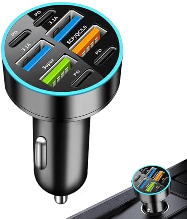 Caricabatterie da auto veloce – Caricatore USB da 66 W con multi-porta | Blocco caricabatterie da auto multifunzionale, caricatore rapido per telefono per la ricarica di più dispositivi