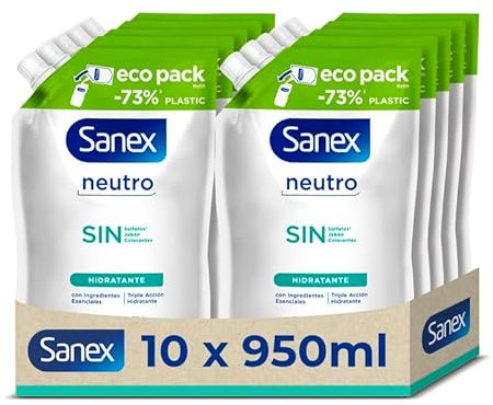 Sanex - Ricarica Gel doccia Sanex Neutro Idratante Pack 10 x 900 ml | Con ingredienti essenziali | 0% solfati*, 0% sapone e 0% coloranti | Gel da bagno tutti i tipi di pelle | Idratazione duratura