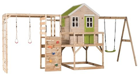 Wendi Toys M23-G Spielhaus aus Holz mit Rutsche, Kletterwand, Stelzenhaus Garten Kinder Outdoor 197×508×242 cm, mit Schaukel, Leiter, Kletternetz