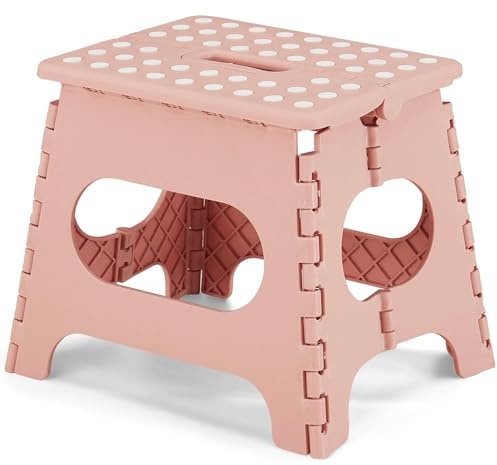 VECELO Pedana pieghevole, 28 cm, sgabello pieghevole, antiscivolo, con manico, per bambini e adulti, leggero e portatile, per cucina, bagno, campeggio, rosa