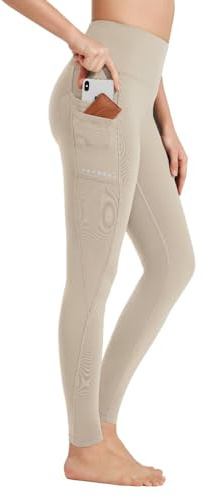 BAYGE Damen Sport Leggings Winter Hohe Taille Fleece Gefüttert Wasserdicht Blickdicht Bauchkontrolle Slim Fit Yogahose Sporthose Sweathose Fitnesshose mit Taschen, Khaki, L