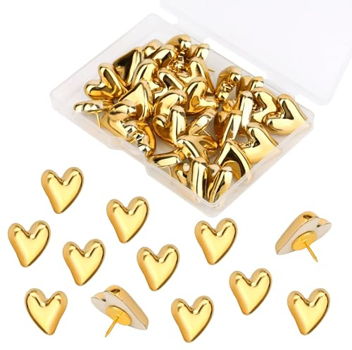 30pcs Heart Push Pins, Gold Thumb Tacks Decorative Cute Pins for Cork Board Bulletin Board Wall Home Office Posters Photos Postcards Maps Fixing