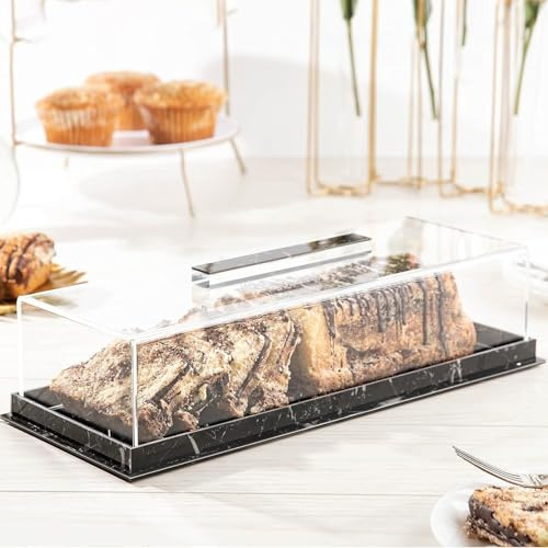 Alzata per torte con coperchio, vassoio rettangolare da dessert con coperchio, vassoio da portata per torte, espositore per pasticceria in acrilico, design con motivo marmo, per feste di nozze