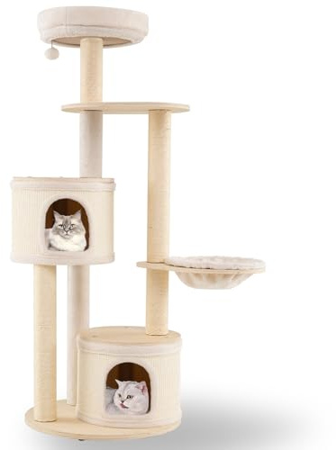 COSTWAY Árbol Rascador para Gatos de 152 cm, Torre Gatos Rascador de Madera Moderno, Árbol de Actividad para Gatito con Postes de Sisal, 2 Casas, Mirador, Hamaca, Bola Colgante, Cojín de Felpa Lavable