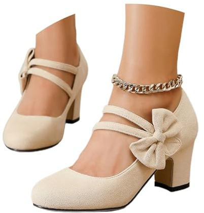 Retro Pumps Women's Bowknot Mary Jane Shoes Heel Shoes Heels Vintage Faux Suede Shoes Closed Round Toe Pumps Dirndl Shoes Office Comfortable Wedding Shoes, O Beige, 7 UK