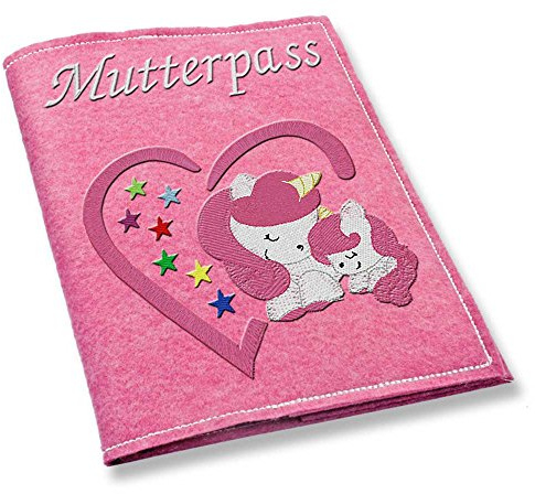 Mutterpass Mutterpasshülle Einhorn Herz pink bestickt Farbwahl Handarbeit (rosa)