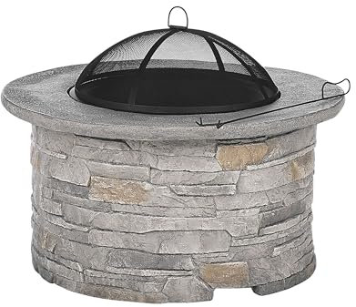 Feuerstelle grau Leichtbeton rund 92 cm Steinoptik mit Funkenschutzhaube Tambora