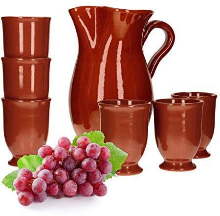 Set da 7 pezzi: brocca 1,9 l + 6 bicchieri 175 ml, colore marrone rossastro smaltato, teiera da portata, tazze mediterranea, per il vino, mercato medievale