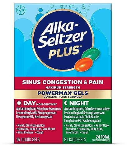 Alka-Seltzer Cold, Cold & Sinus Max Strength Fast Gels, Cold Medicine, Multi-Symptom Relief, Body Aches and Pains, Sinus Pressure, Congestion Relief, 24 Count (Packaging May Vary)