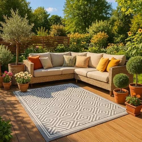 KAMACA Outdoor Teppich Raute wetterfest UV beständig wendbar für Balkon Terrasse Garten Wohnmobil Camping Robuste und Pflegeleichte Campingmatte für alle Außenbereiche (Teppich 120 x 180 cm grau)