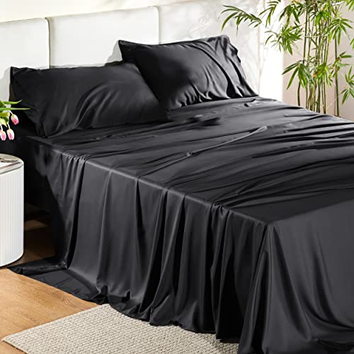 Bedsure King Size Sheet Set, Cooling Sheets, Rayon Derived from Bamboo, Deep Pocket Up to 16, PureWoven, Breathable & Soft, Hotel Luxury Silky Bedding for Hot Sleepers, Black