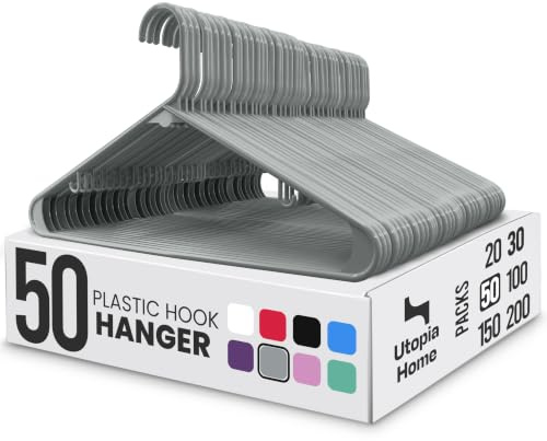 Utopia Home Graue Kunststoff-Kleiderbügel, 50 Packungen mit Haken – langlebige und stabile, platzsparende Kleiderbügel für Mäntel, Röcke, Hosen, Kleider usw. (Grau, 50er-Pack)