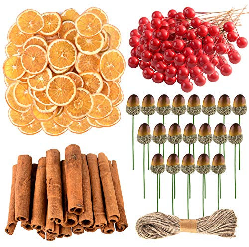 CHRORINE 210 Pcs Christmas Wreath Accessories Artificial Berries Orange Slices Acorn Cinnamon Sticks for Christmas Wreath Craft Party Decor