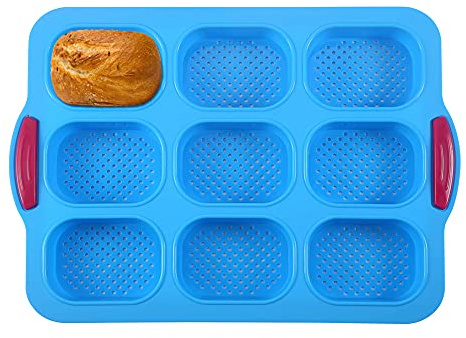 KeepingcooX® Mini Loaf Baking Tin, Perfect Results, Non Stick, 9 Hole, Non Stick Silicone, 34x24 cm, Also for Crisping Baguette French Bread Mould, Random Color