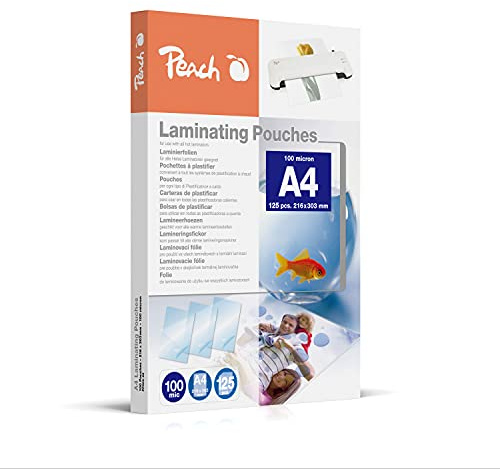 Peach Pellicole plastificatrici A4 – 100 mic – 125 pouches lucide – Qualità premium per i migliori risultati di laminazione – Compatibile con dispositivi di tutti i produttori – PP500-02P