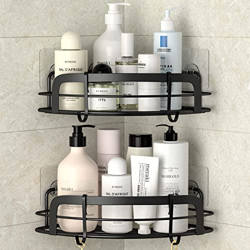 STEUGO Black Corner Shower Shelfs, Adhesive Wall Mounted Shower Caddy with 4 Movable Hooks, Rustproof Stainless Steel Bathroom Organizer, No Drilling Wall Mount 2-Pack