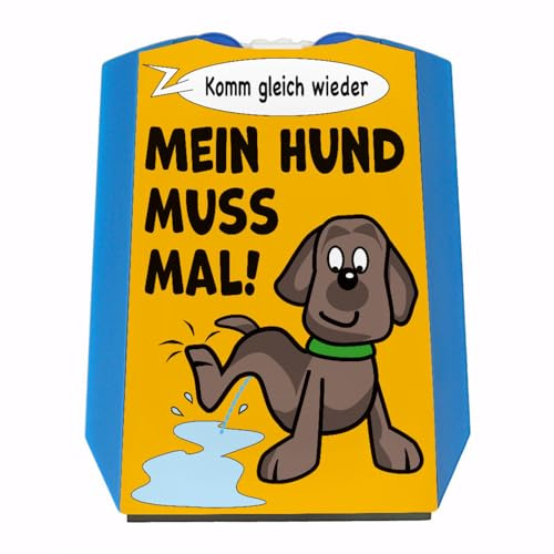 speecheese Hund muss mal! Parkscheibe in orange mit 2 Einkaufswagenchips mit pinkelndem Hund sowie Eiskratzer und Wasserabstreifer als lustiges Geschenk für Hundebesitzer