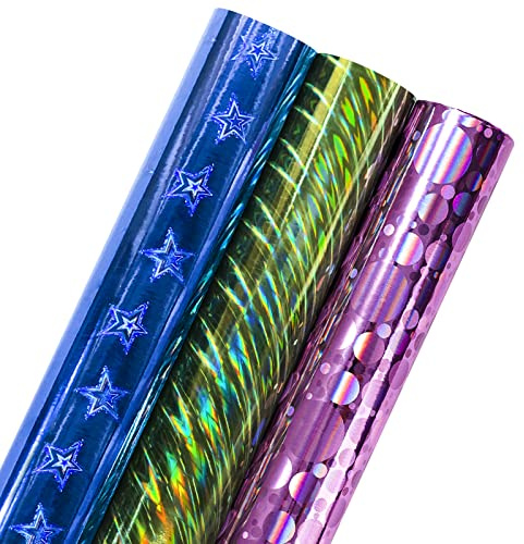 LeZakaa Födelsedag holografiskt omslagspapper – minirulle – blå stjärna/grön ripe/rosa prick för presentförpackning, konsthantverk – 43 x 305 cm – 3 rullar (42,5 sq.ft.ttl.)