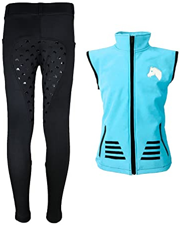 MS-Trachten Set da equitazione per bambini, in softshell, luglio sky, con legging da equitazione, colore: nero, Nero , 134 cm
