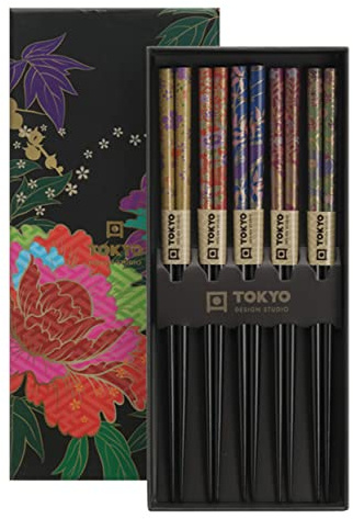 TOKYO design studio ESS-Stäbchen aus Holz, 5-er Set, Peony Flower, 22,5 cm lang, inkl. Geschenk-Box