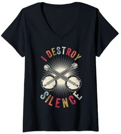 Damen I Destroy Silence - Musiker Instrument Vintage Zither T-Shirt mit V-Ausschnitt