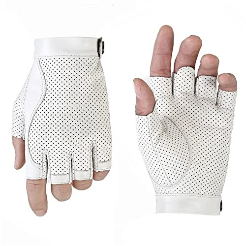 CELIKA Lokomotive Handschuhe, Mode Fingerlose Handschuhe, Herren Fingerlose Lederhandschuhe Herren Weiße Halbfinger Lederhandschuhe Sommer Herbst Outdoor Angeln Motorrad Fahren Handschuhe